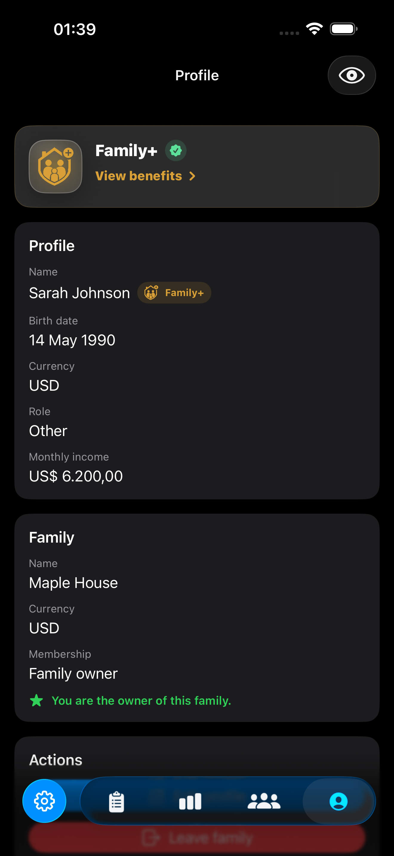 Profile and settings screen in dark mode