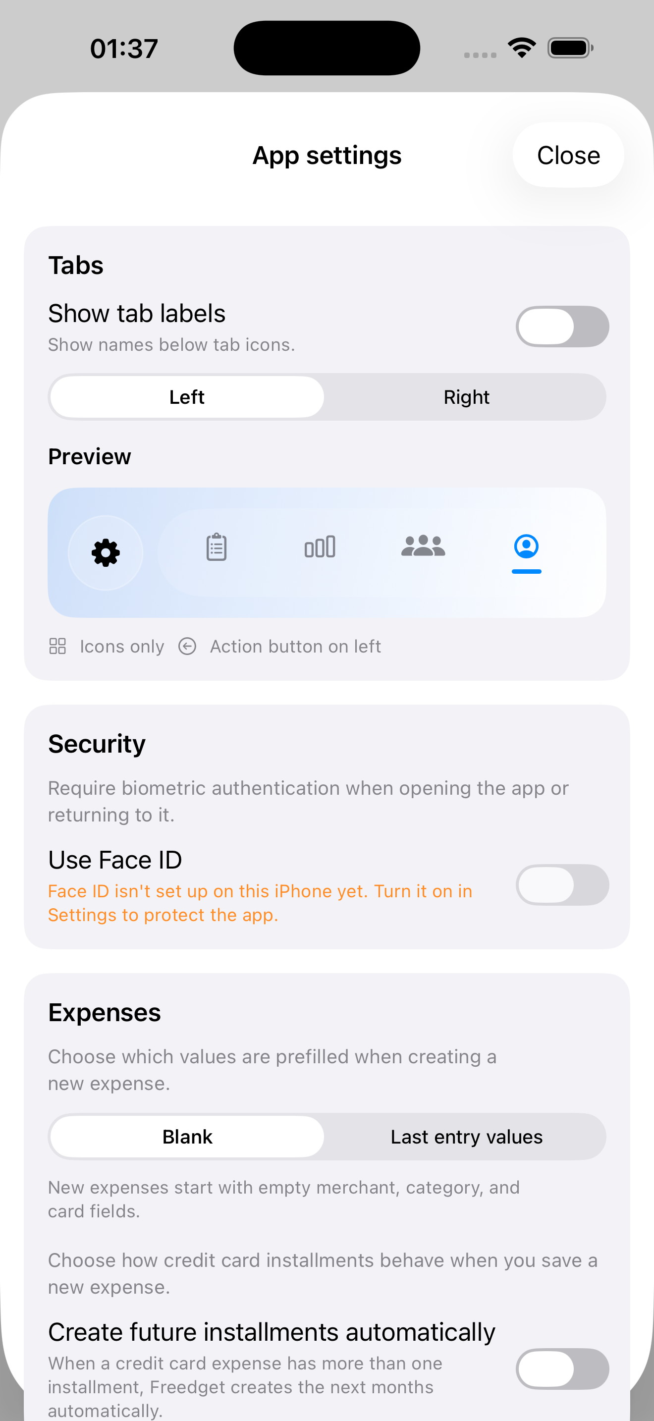Freedget settings in light mode