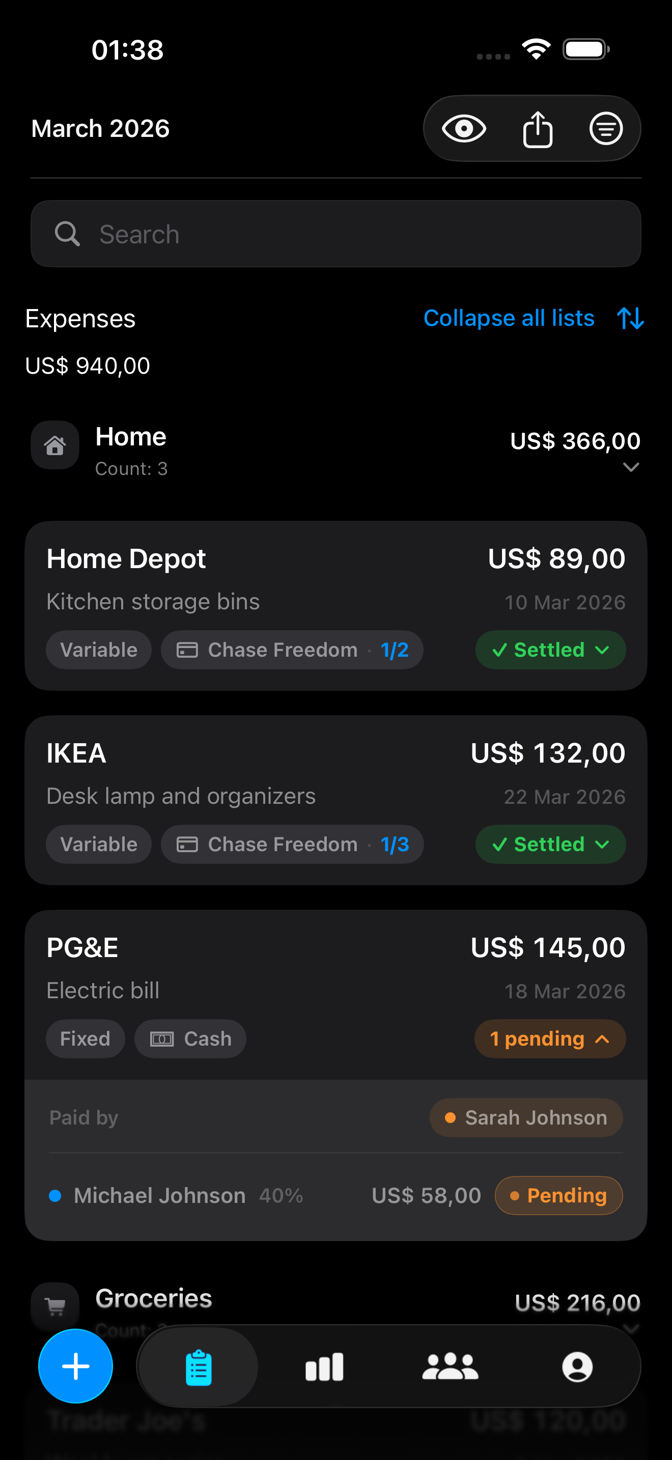 Freedget expense entry in dark mode
