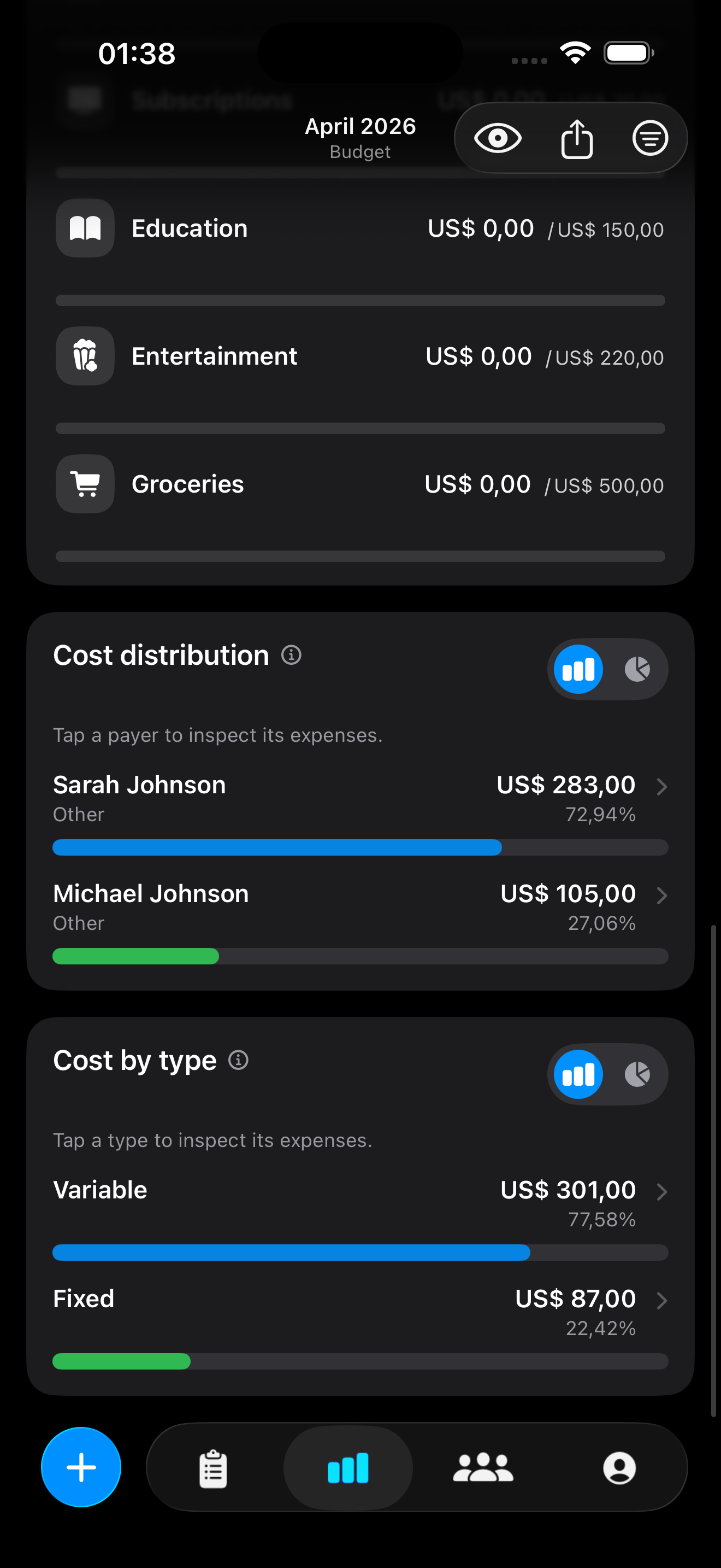 Cost types screen in dark mode