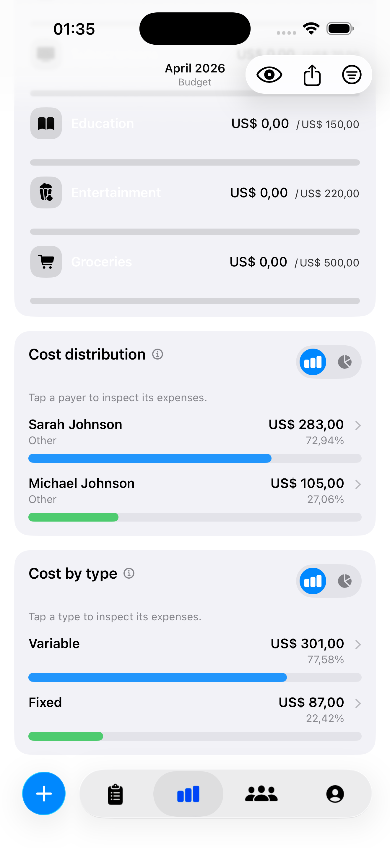 Cost types screen in light mode