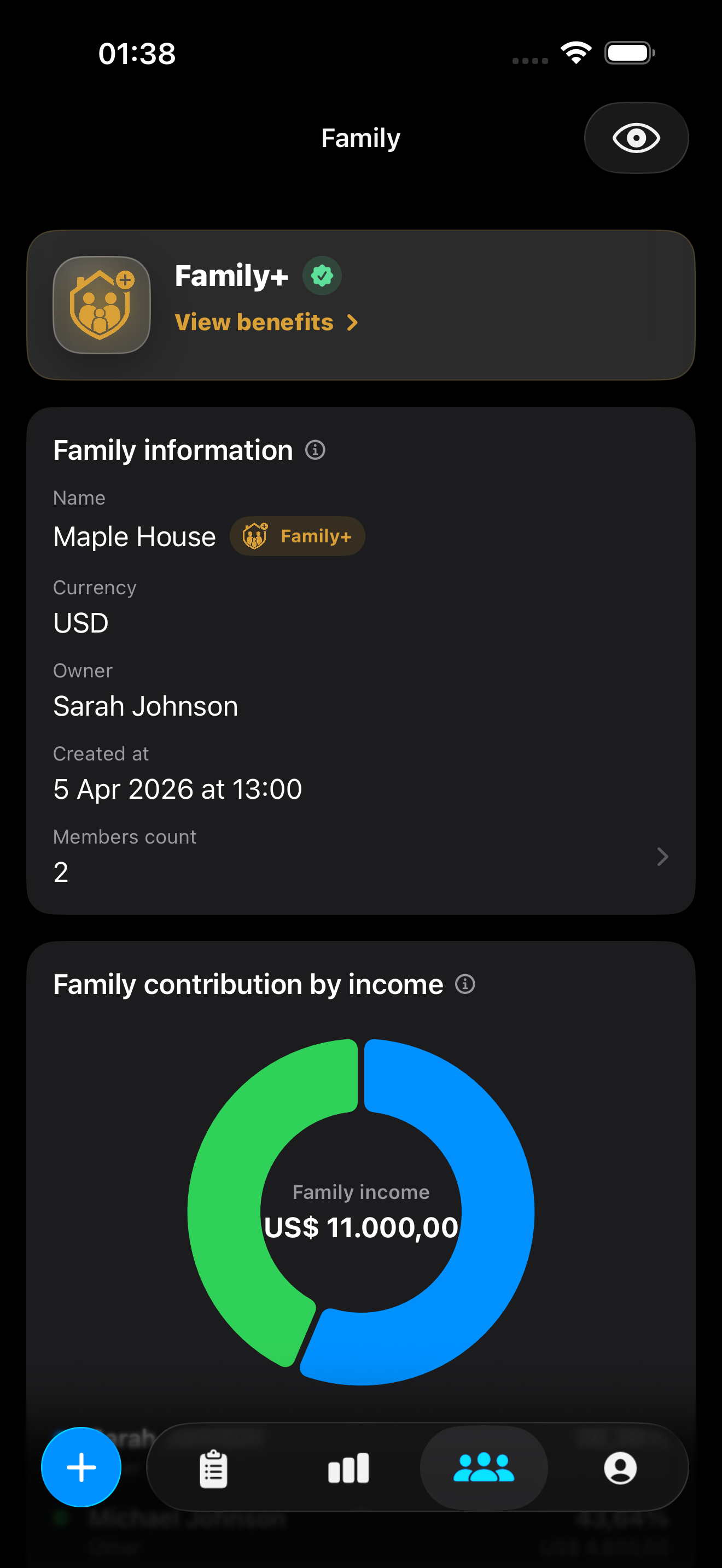 Family screen in dark mode