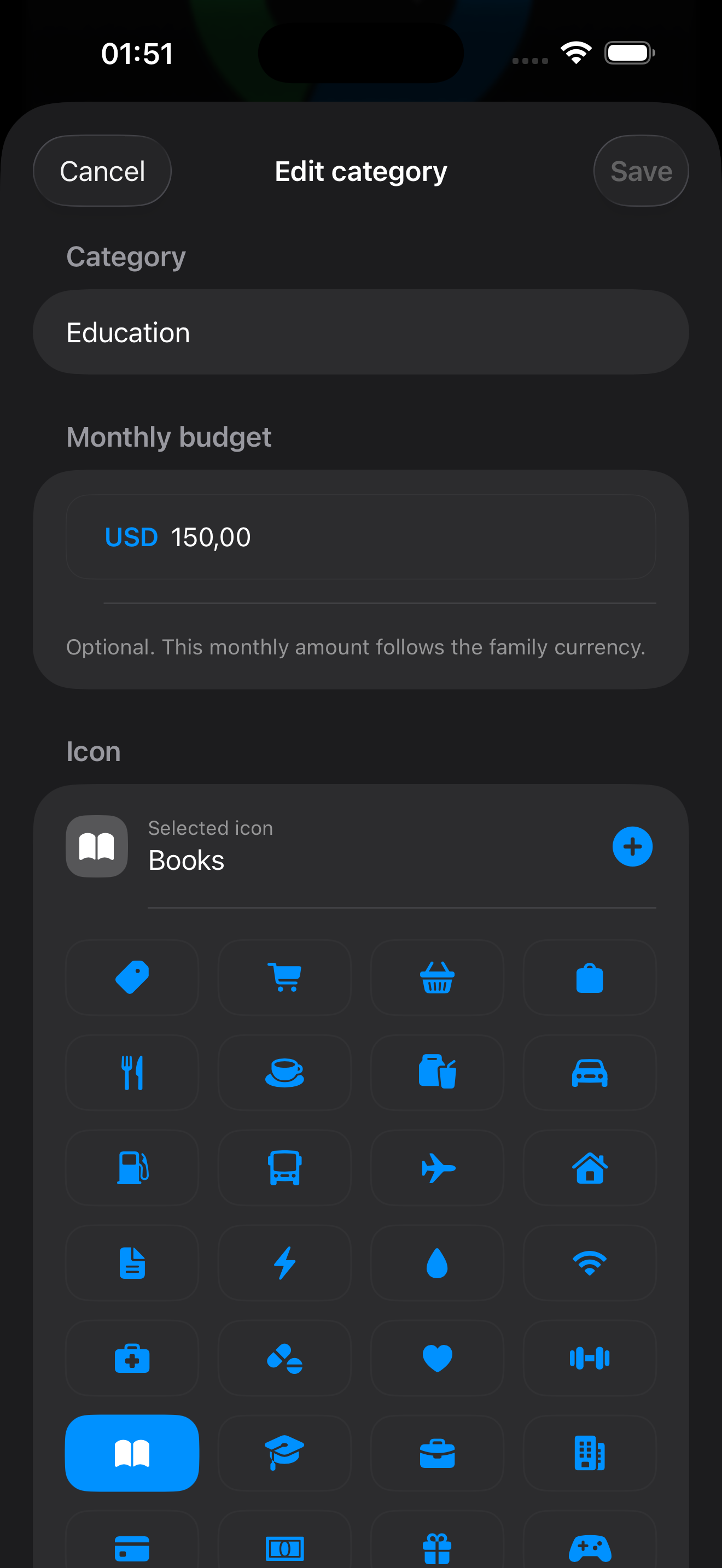 Category editing screen in dark mode