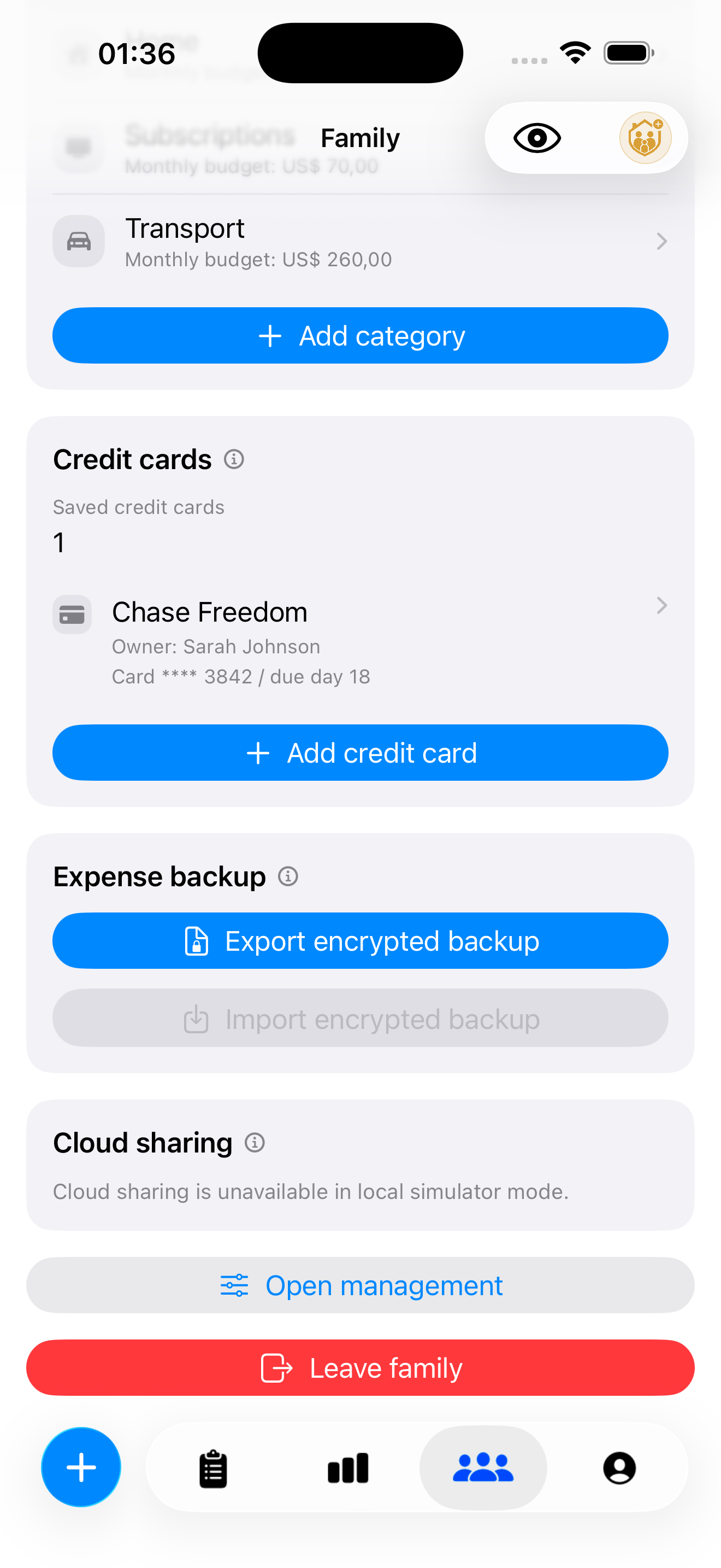 Credit cards screen in light mode